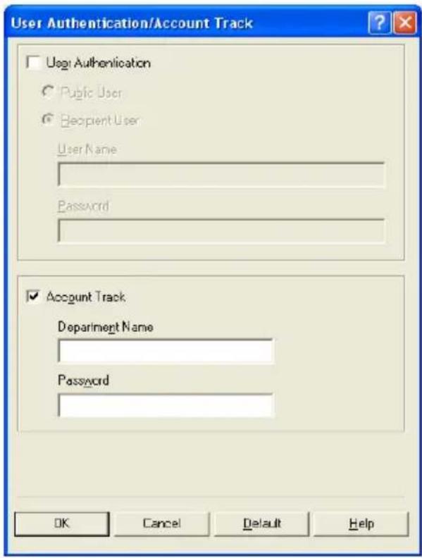 User Authentication/Account Track User Authentication Public User Beopient User User Name Password Account Track Department Name Password OK Cancel Default Help