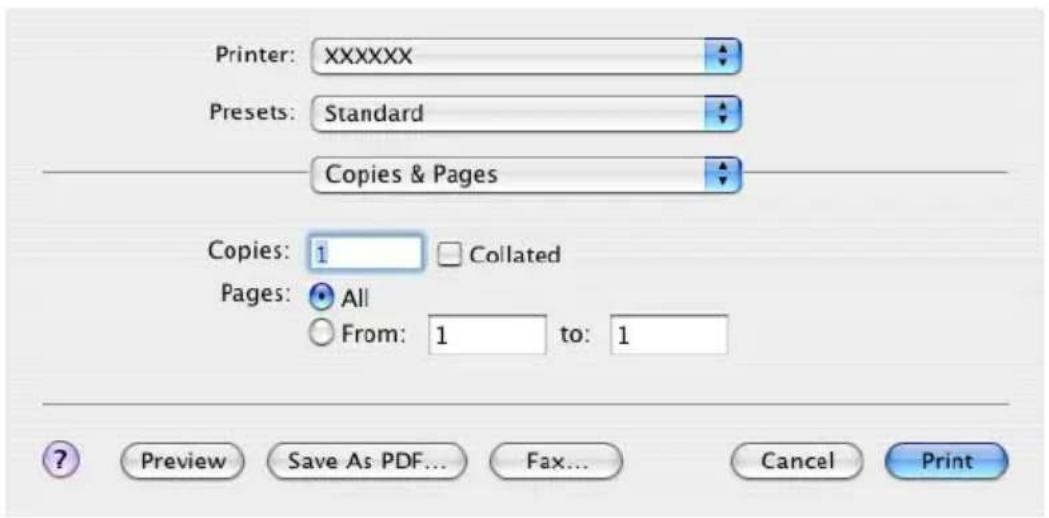 Printer: XXXXXX Presets: Standard Copies & Pages Copies: 1 Collated Pages: All From: 1 to: 1 Preview Save As PDF... Fax... Cancel Print
