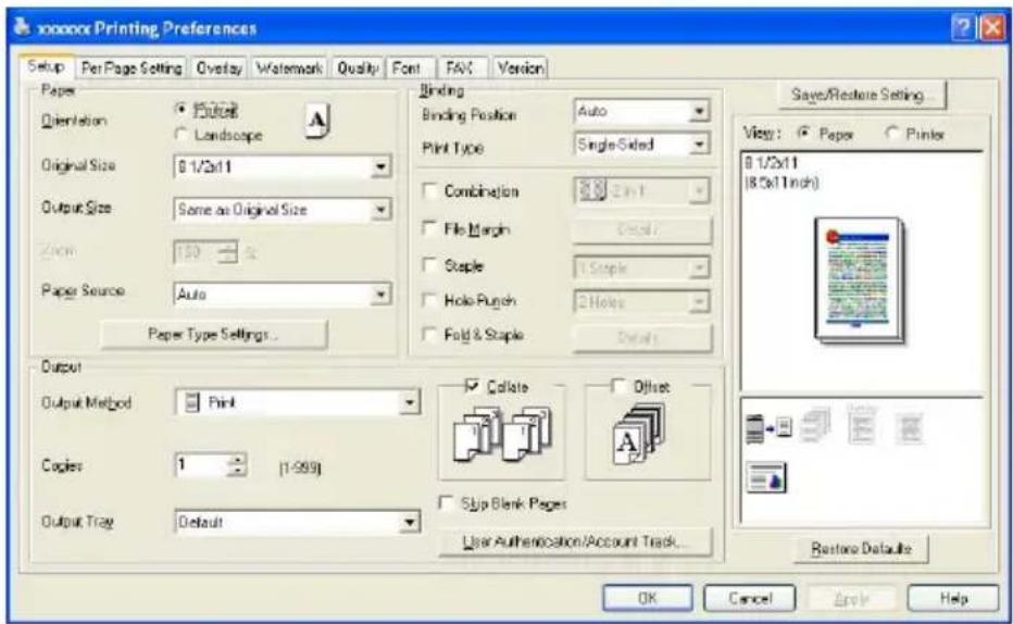wwwoox Printing Preferences Setup Per Page Setting Overlay Watermark Quality Font FAV Version Paper Orientation ● 打印 ○ Landscape Original Size 0 1/2x11 Output Size Some as Original Size Zoom 100% Paper Source Auto Paper Type Settings... Binding Binding Position Auto Print Type Single-Sided Combination 8.0 x 1 File Margin Cancel Staple 1 Staple Hole Punch 2 Holes Fold & Staple Cancel Output Output Method Print Copies 1 [1-999] Output Tray Default Collate Offset Slip Blank Pages User Authentication/Account Track... Save/Restore Setting... View: ○ Paper ○ Printer 0 1/2x11 (8.5x11inch) Restore Defaults OK Cancel Apply Help
