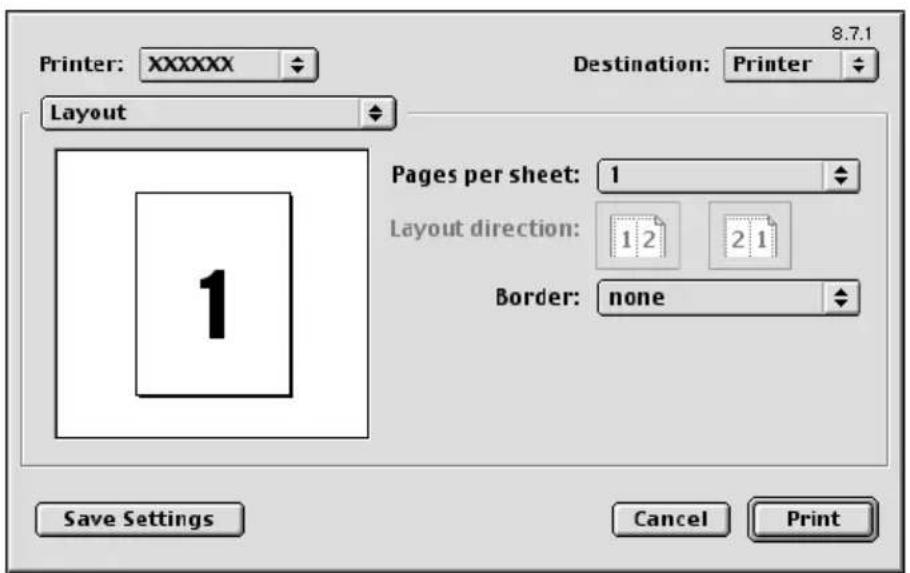 Printer: XXXXXX Layout 8.7.1 Destination: Printer Pages per sheet: 1 Layout direction: 1 2 2 1 Border: none Save Settings Cancel Print