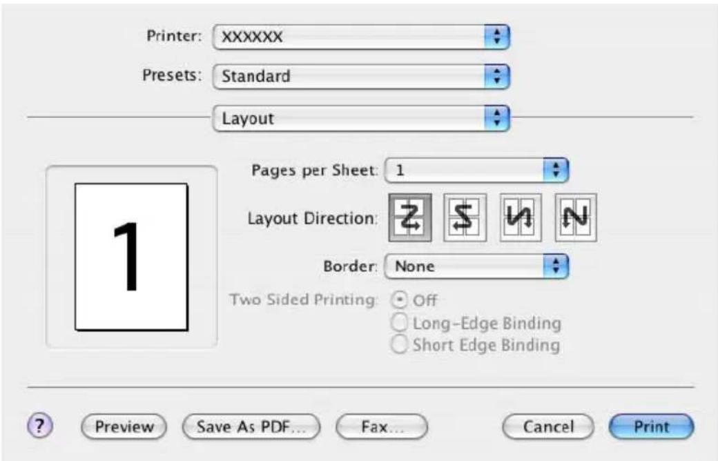 Printer: XXXXXX Presets: Standard Layout Pages per Sheet: 1 Layout Direction: Border: None Two Sided Printing: Off Long-Edge Binding Short Edge Binding Preview Save As PDF... Fax... Cancel Print
