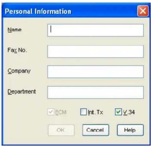 Personal Information Name Fax No. Company Department ✓ ECM □ Int. Tx ✓ V.34 OK Cancel Help