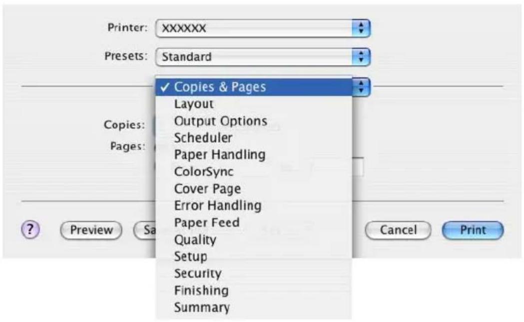Printer: XXXXXX Presets: Standard Copies & Pages Layout Output Options Scheduler Paper Handling ColorSync Cover Page Error Handling Paper Feed Quality Setup Security Finishing Summary Preview Sa Cancel Print