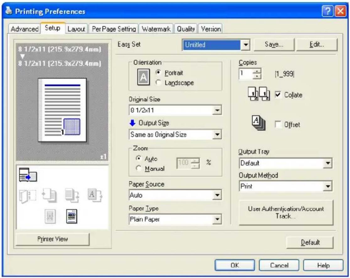 Printing Preferences Advanced Setup Layout Per Page Setting Watermark Quality Version 8 1/2x11 [215.9x279.4mm] 8 1/2x11 [215.9x279.4mm] Easy Set Untitled Save... Edit... Orientation Portrait Landscape Original Size 0 1/2x11 Output Size Same as Original Size Zoom Auto Manual 100 % Paper Source Auto Paper Type Plain Paper Copies 1 [1_999] 1 1 2 Collate A Offset Output Tray Default Output Method Print User Authentication/Account Track... Printer View Default OK Cancel Help