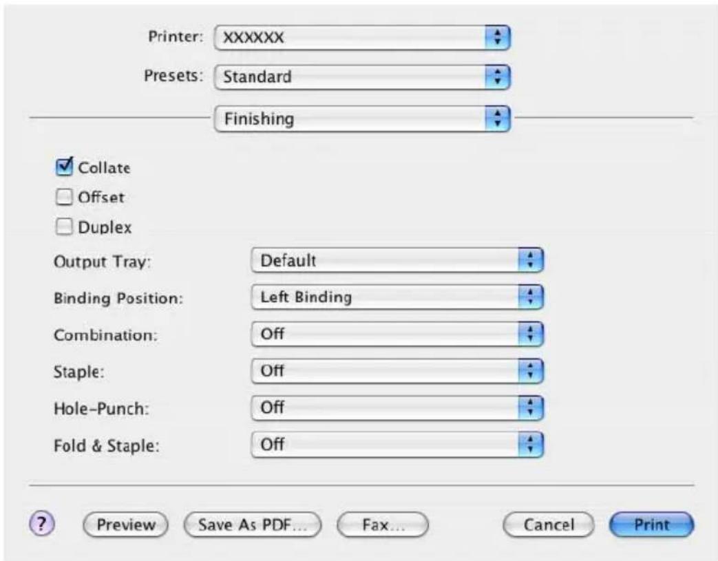 Printer: XXXXXX Presets: Standard Finishing Collate Offset Duplex Output Tray: Default Binding Position: Left Binding Combination: Off Staple: Off Hole-Punch: Off Fold & Staple: Off Preview Save As PDF... Fax... Cancel Print