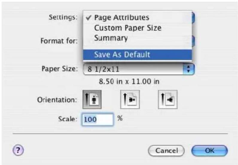 Settings: ✓ Page Attributes Custom Paper Size Summary Format for: Save As Default Paper Size: 8 1/2x11 8.50 in x 11.00 in Orientation: Scale: 100 %