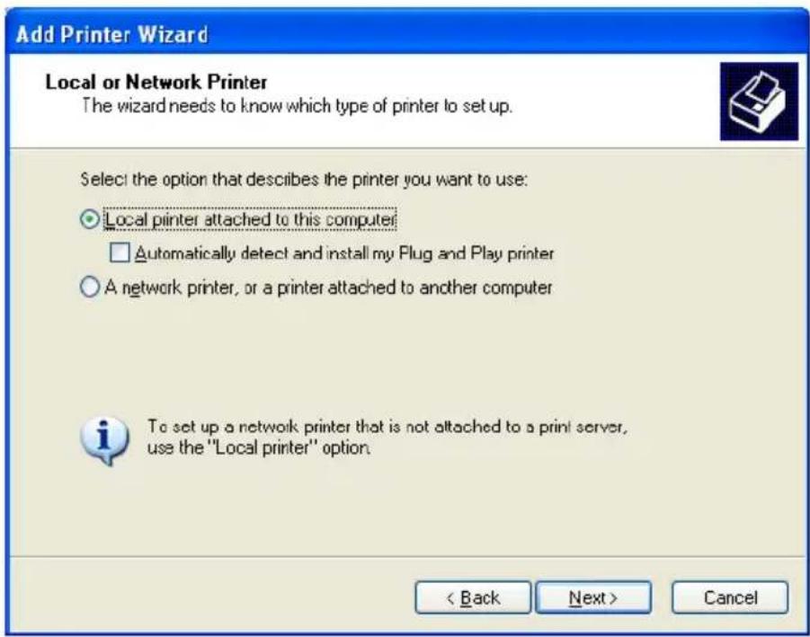 Add Printer Wizard Local or Network Printer The wizard needs to know which type of printer to set up. Select the option that describes the printer you want to use: ○ Local printer attached to this computer □ Automatically detect and install my Plug and Play printer ○ A network printer, or a printer attached to another computer To set up a network printer that is not attached to a print server, use the "Local printer" option. < Back Next > Cancel