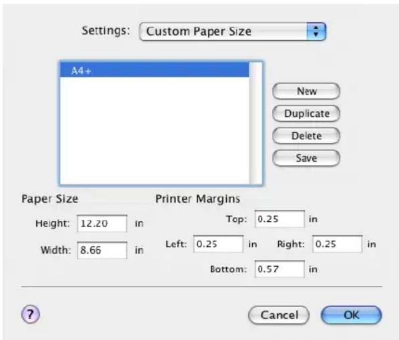 Settings: Custom Paper Size A4+ New Duplicate Delete Save Paper Size Printer Margins Height: 12.20 in Width: 8.66 in Top: 0.25 in Left: 0.25 in Right: 0.25 in Bottom: 0.57 in Cancel OK