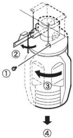 Diagram of a mechanical device with numbered parts and directional arrows indicating motion or movement.