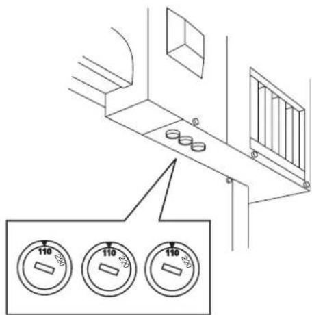Technical diagram showing a cabinet or enclosure with three labeled control knobs (110) and a magnified inset of the control knob.