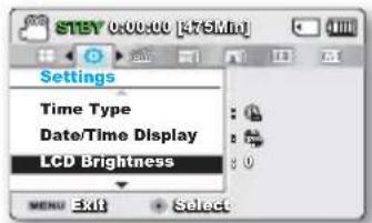 STEV 00000 [R75Mn] Settings Time Type Date/Time Display LCD Brightness MENU Exit Select