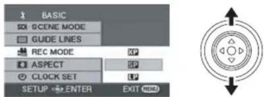BASIC SCENE MODE GUIDE LINES REC MODE XP ASPECT SP CLOCK SET LP SETUP ENTER EXIT END