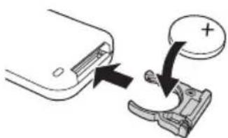 Diagram showing a device with an arrow pointing to a clip labeled with a plus sign, indicating a process or operation.