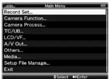 Record Set... Camera Function... Camera Process... TC/UB... LCD/VF... A/V Out... Others... Media... Setup File Manage... Exit Select Enter