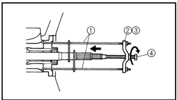 Technical diagram of a mechanical assembly with numbered components and directional arrows indicating motion or flow.