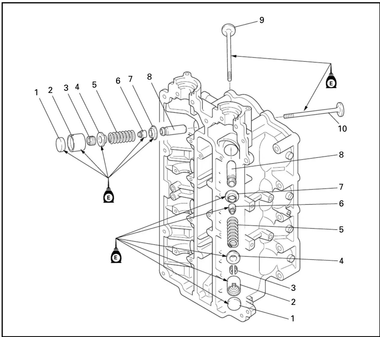 Technical diagram of a mechanical assembly with numbered components and labeled parts (E)