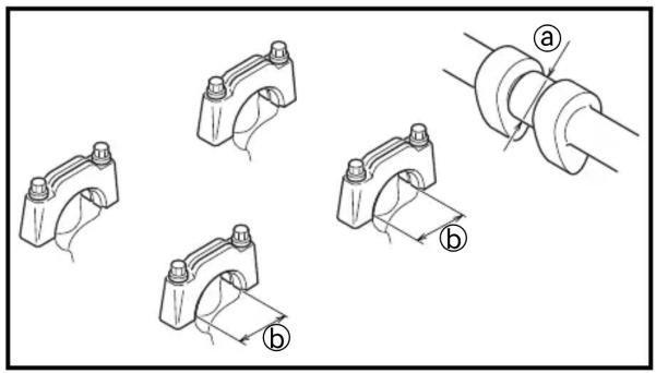 Technical diagram showing five different mechanical clamp or bracket components labeled a, b, and c, with arrows indicating assembly or alignment.