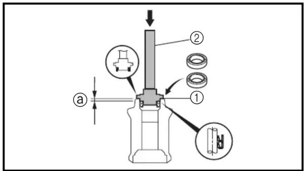 Technical diagram of a mechanical assembly with labeled parts and directional arrows, including components like gears and housing.