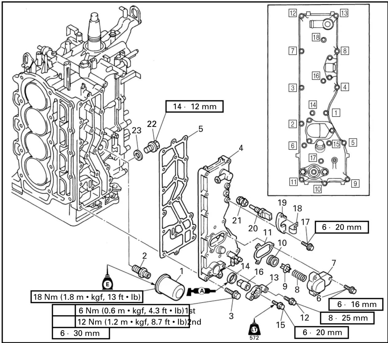 14 · 12 mm 18 Nm (1.8 m • kgf, 13 ft • lb) 6 Nm (0.6 m • kgf, 4.3 ft • lb)1st 12 Nm (1.2 m • kgf, 8.7 ft • lb)2nd 6 · 30 mm 572 15 12 8 · 25 mm 6 · 16 mm 6 · 20 mm 19 18 17 16 15 14 13 12 11 10 9 8 8 7 6 6 5 4 3 2 1 23 22 5 4 E