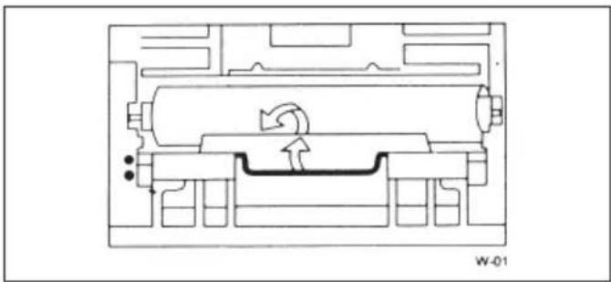 Technical line drawing of a mechanical component with internal flow arrows (no text or symbols)