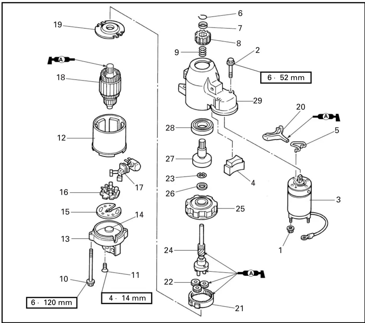 6 · 52 mm 4 · 14 mm 6 · 120 mm 19 18 12 17 16 15 14 13 10 11 29 28 27 26 25 24 22 21 6 7 8 9 20 A 5 3 1