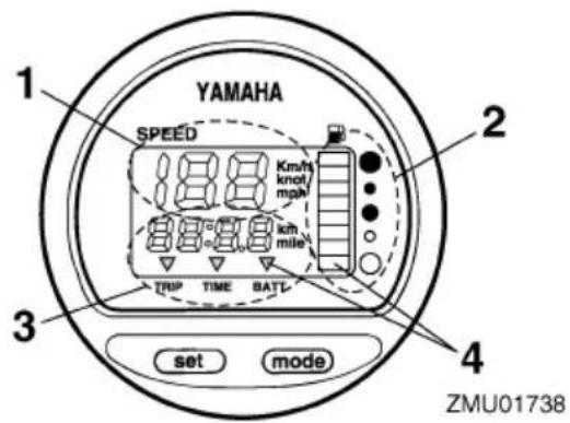 YAMAHA SPEED 8.8.8 Km/h knot/ mph km mile TRIP TIME BATL set mode ZMU01738