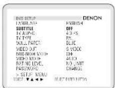NEW SETUP DENON LAWBING FURISH SUBTITLE OFF LAVESIDE 43-PS TV TYPE PK WALL PAPERS BLUE VIDEO OUT S VODO MILETHY VOICE INH VIDEO GROUP AUTO RATING LEVEL NO LIMIT PASSWORD CHANGE S SETUP MENU MODE ▼▲▲▼ SELECT ENTERPRISES