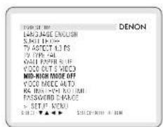 DENON LANGUAGE ENGLISH S. KILLI 100% TV AJECT 1.3 PS TV TYPE 74L WALL PAPER BLUE VIDEO OUT S VIDEO MID-HIGH MODE OFF VIDEO MODE AUTO 85 HIGH-VCH AUTO PASSWORD DAMAGE > SET F MENU SELECT ▼▲▼ ▼ SCHOOLING AUTHOR