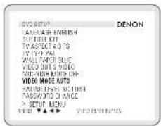 OVID SETUP LANGUAGE ENGLISH SUBTITLE OFF TV ASTECT 4.0 °S TV FLY PAI WALL PAPER BLUE VIDEO OUT'S VIDEO MICROON MOUNT OFF VIDEO MODE AUTO RASH GREEN NO THINK PASSWO� CHANCE > SETUP MENU STOCK ★★★★ VOCENTERTAINERS DENON