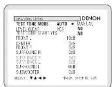 TEST TIME MODE AUTO ▶ MANUAL TEST MODE: YES NO TEST MODE START YES NO FRONT 10:0 CENTER 3:0 FRONT 5:0 SURROUND B 2:0 SUB-BACK 5:0 CUTT-BACK 2:0 SURROUND I 4:0 SUNDANTER 3:0 SELECT ▼▲◀ ▶ DENON OPEN, OFF OR OK