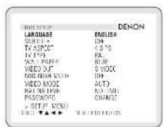 LARGE SET UP LANGUAGE ENGLISH SHORT • TV ASPECT 4.0 TO IN TYPE PAL WALL PAPPER BEIJF VIDEO OUT S VIDEO MID-NEIGH WORLD 10H VIDEO MODE AUTO BALTIMI YEAR RONION PASSWORD CURRENTS S SETUP MENU SELECT ▼▲▼▼ &RICHEN STRENGTHS DENON