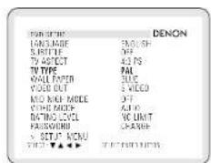 FANETRY DENON LANGUAGE S ROTTLE TV ACTIVE TV TYPE WALL FLOWER VIDEO OUT MIO KIGHT MODE VIDEO GROUND RATING LEVEL FAIRISHING S SET P. MENU VIDEO ▼▲▲▼ TAWKIN METER