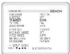 TOMEN BY DENON LANGUAGE 300 PS SUBTITLE 37° TV ASPECT 54 PS TV TYPE 74L WATER CAPS 100% CONTROL 500 PS MOD. NO. MODE 37° VIDEO MODE A/PG RAT RING LEVEL WC LIMIT PASSQUINUM CHANGE >= SET/FAC/NCU SELECT ▼▲▼▲ ▼ SELECT ENTER BUTTON
