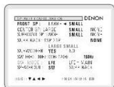 FRONT SP: | TANK-← SMALL CELE SP: LARGE SMALL NONE SMM/HD SP: LARGE SMALL NONE SL+KNC-15P-SP NONE SL+VH/CN-R LARGE SMALL SW HOC-N=10CM-TAD 100Hz SW MODE LFE LT2-WAIN SP+K+KHL SW SL++ KNC DENON OFF: ▼▲▲▼ > 90% MINI IN
