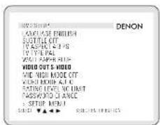 LANGUAGE ENGLISH SUTTERLE OFF TV ASSEMBLY 4.0 PS TV TYPE PAL WAIT PAPER CHIP VIDEO OUT S VIDEO MIE HIGH MODE OFF VIDEO RED OUT RATING LEVEL NO THAT PASSWORDING ON ANCE S SETUP MENU SUBJECT ▼▲▲▼ DENON