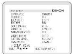 BNT ACT DENON LANGUAGE ENGLISH SUBTITLE OFF IN MSCIRED 3.75 TYPE PAL WALL PARK BLUK VIDEO OUT S VOLUME MID-NASH WORK OFF VIDEO MORE AUTO RATING LEVEL BODLIMIT PASSING RED CHAPES- > SET/F NMenu SELECT ▼▲▼ ▼▲ SELECT ENTERED