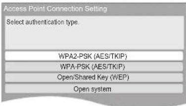 Access Point Connection Setting Select authentication type. WPA2-PSK (AES/TKIP) WPA-PSK (AES/TKIP) Open/Shared Key (WEP) Open system