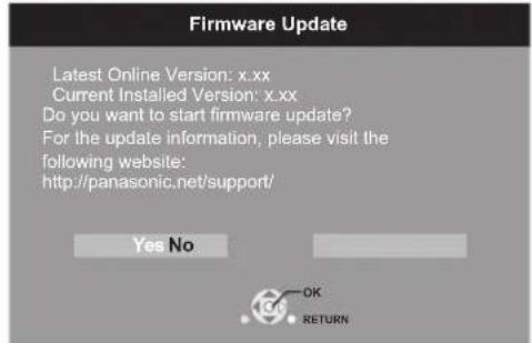 Firmware Update Latest Online Version: x.xx Current Installed Version: x.xx Do you want to start firmware update? For the update information, please visit the following website: http://panasonic.net/support/ Yes No OK RETURN