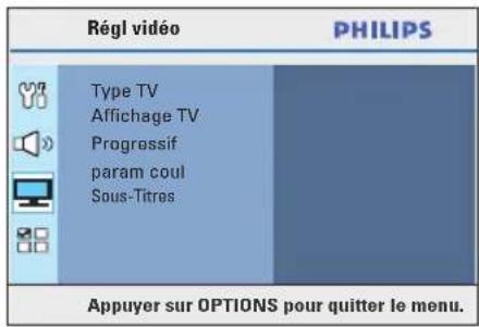 Régl vidéo PHILIPS Type TV Affichage TV Progressif param coul Sous-Titres Appuyer sur OPTIONS pour quitter le menu.