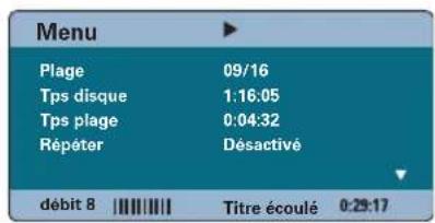 Menu Plage 09/16 Tps disque 1:16:05 Tps plage 0:04:32 Répéter Désactivé débit 8 |||||||||| Titre écoulé 0:29:17