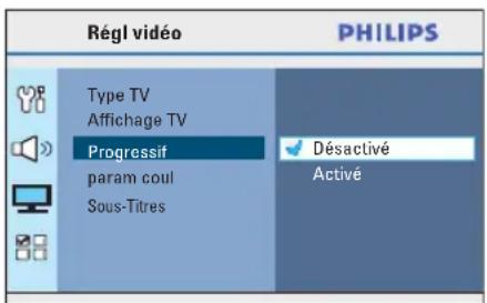 Régl vidéo PHILIPS Type TV Affichage TV Progressif param coul Sous-Titres Désactivé Activé