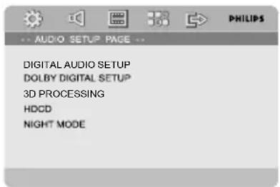 AUDIO SETUP PAGE -- DIGITAL AUDIO SETUP DOLBY DIGITAL SETUP 3D PROCESSING HDCD NIGHT MODE