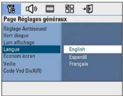Page Réglages généraux Réglage Ambisound Verr disque Lum affichage Langue Econom écran Veille Code Vsd DivX(R) English Espanôl Français