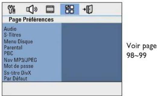 Page Préférences Audio S-Titres Menu Disque Parental PBC Nav MP3/JPEG Mot de passe Ss-titre DivX Par Défaut Voir page 98~99
