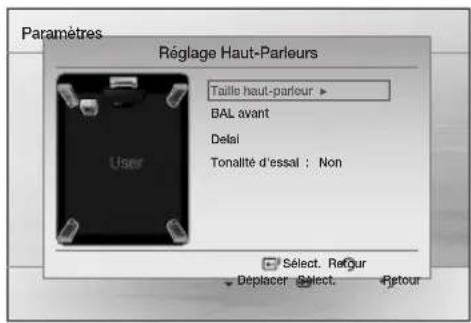 Paramètres Réglage Haut-Parleurs Taille haut-parleur ▶ BAL avant Delai Tonalité d'essal ; Non User Sélect. Régour Déplacer Select. Retour