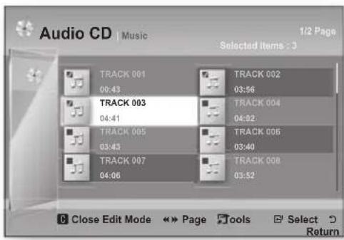 Audio CD | Music Selected Items : 3 1/2 Page TRACK 001 00:43 TRACK 003 04:41 TRACK 005 03:45 TRACK 007 04:06 TRACK 002 03:56 TRACK 004 04:02 TRACK 006 03:40 TRACK 008 03:52 Close Edit Mode >> Page Tools Select Return
