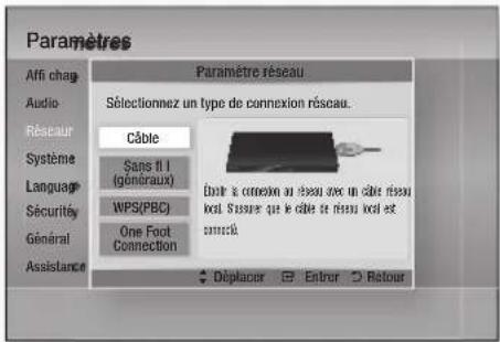Paramètres Affi chag Audio Réseau Système Language Sécurité Général Assistance Paramètre réseau Sélectionnez un type de connexion réseau. Câble Sans il I (généraux) WPS(PBC) One Foot Connection Doutre la connexion au réseau avec un cable réseau local. Sussurer que le cable de réseau local est connectif Déplacer Entrer Retour