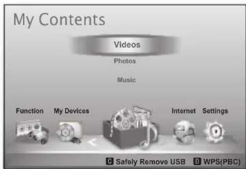 My Contents Videos Photos Music Function My Devices Internet Settings C Safely Remove USB WPS(PBC)