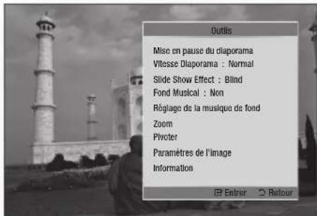 Outils Mise en pause du diaporama Vitesse Diaporama : Normal Slide Show Effect : Blind Fond Musical : Non Régiage de la musique de fond Zoom Pivoter Paramètres de l'image Information Entror Retour