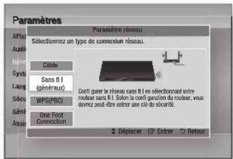 Paramètres Afrique Audié Réduire Système Lang Sécurie Gène Àssain Paramètre réseau Sélectionnez un type de connexion réseau. Câble Sans fil I (généraux) WPS(PBC) One Foot Connection Confi guérer le réseau sans fil I en sélectionnant votre routleur sans fil I. Selon la confi guration du routleur, vous devrez peut-être entrer une clé de sécurité. Déplacer Entrer Retour.
